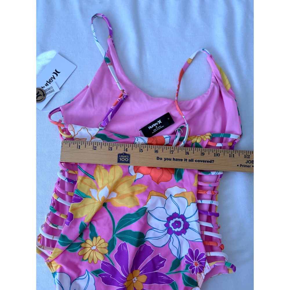 Hurley Daisy Delight Mod One Piece Swimsuit Pink Floral Side Cutout Size M - Picture 8 of 12